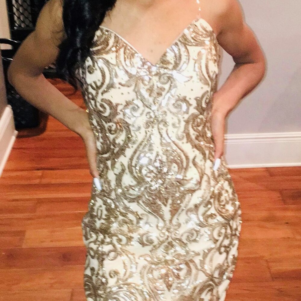 Petite, Gold, Sequin Leaf Mermaid Gown by Sparkle